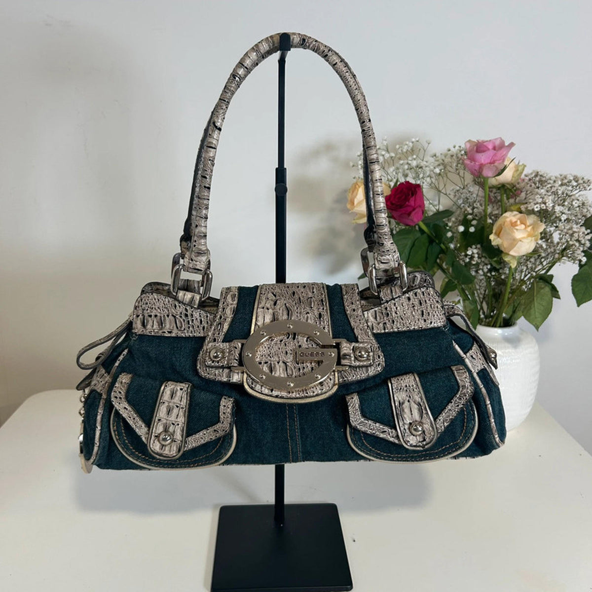 Rare Guess Denim Baguette Shoulder Bag Snake Print