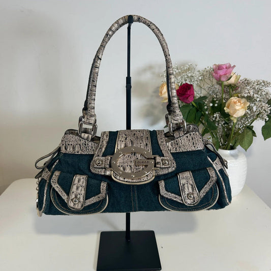 Rare Guess Denim Baguette Shoulder Bag Snake Print