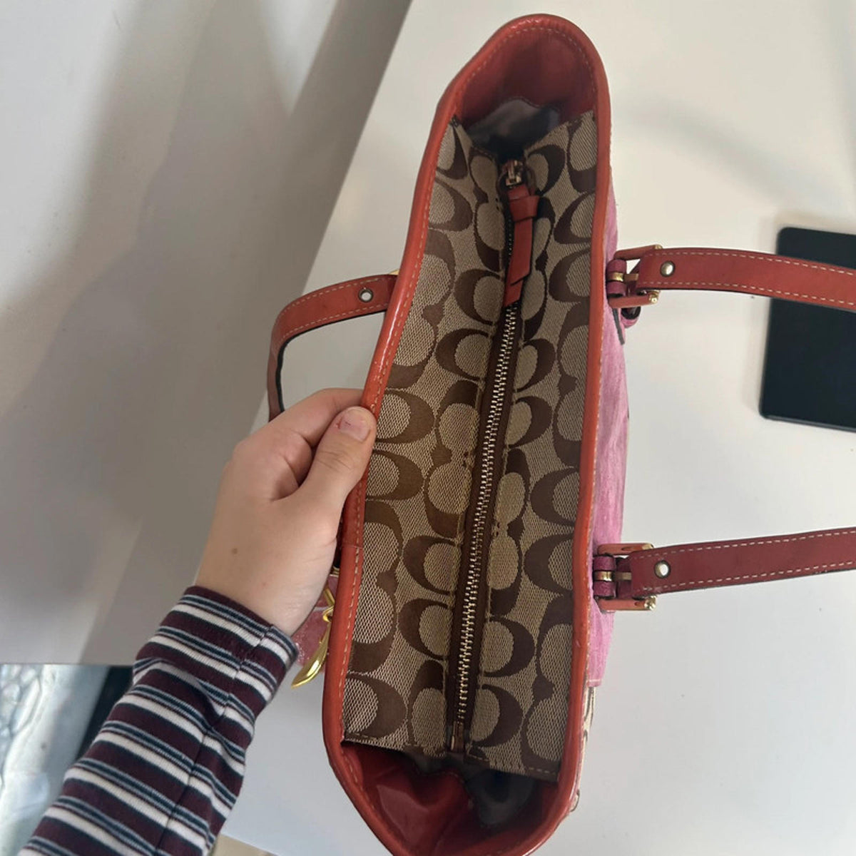 Coach Pink Suede and Monogram Tote Shoulder Bag K04Q-1443
