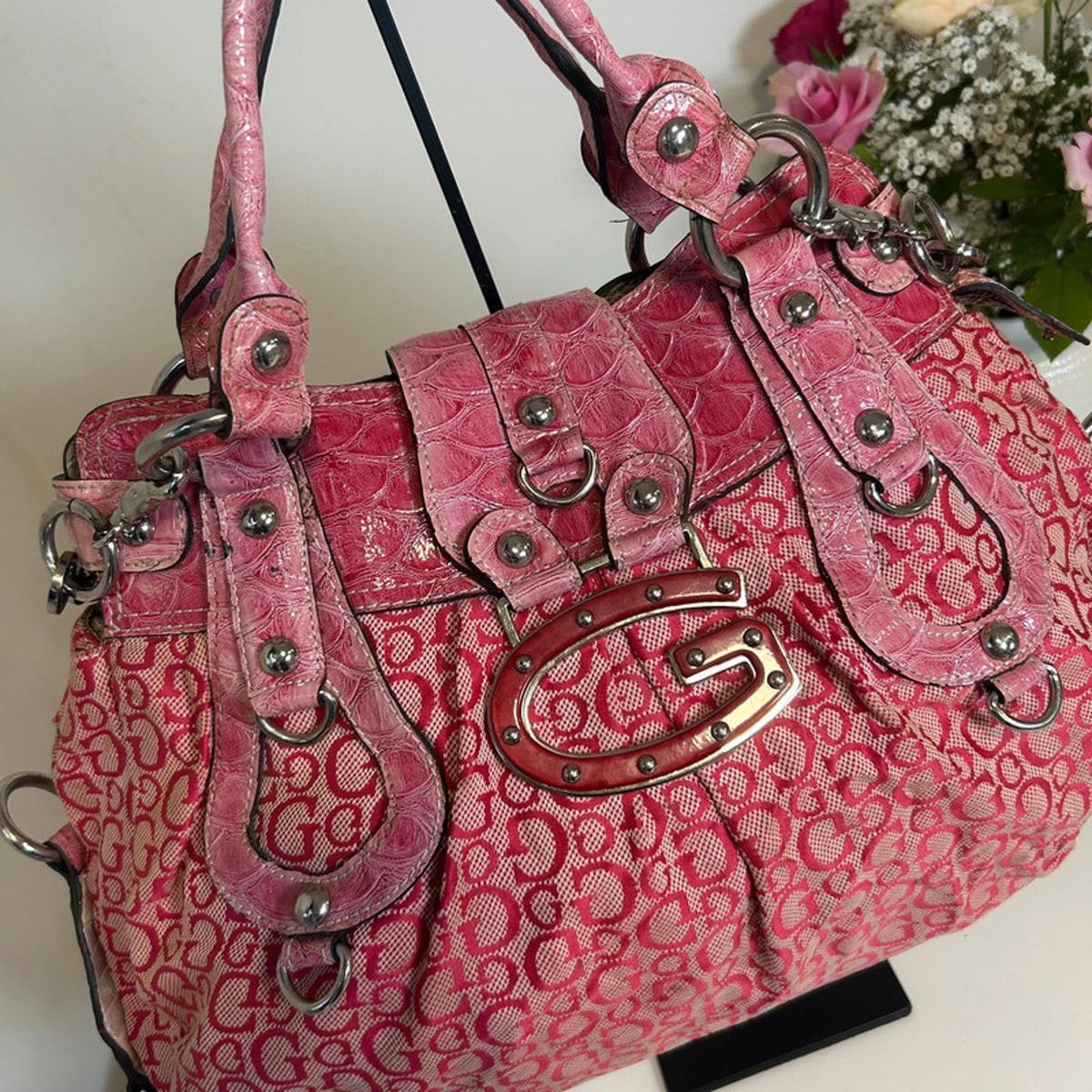 Guess Pink Shoulder Bag Snakeskin with Silver Chain Detail