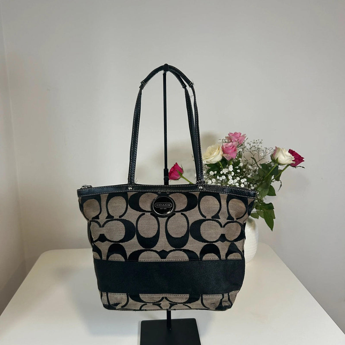 Coach Black Signature Monogram Shoulder Tote Bag F1020-F15112