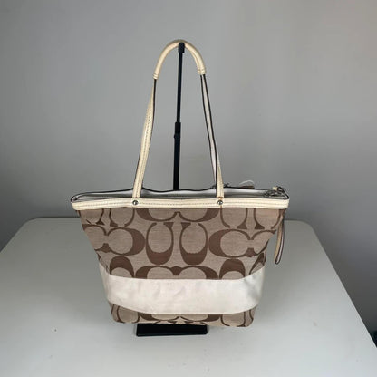 Coach Beige Signature Canvas Shoulder Tote Bag White Stripe A1068-F13548
