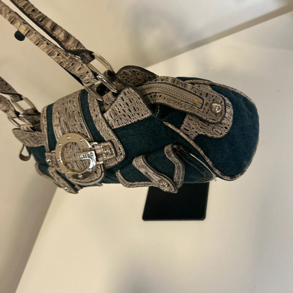 Rare Guess Denim Baguette Shoulder Bag Snake Print