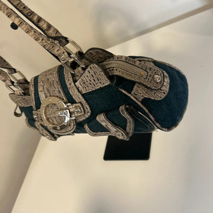 Rare Guess Denim Baguette Shoulder Bag Snake Print