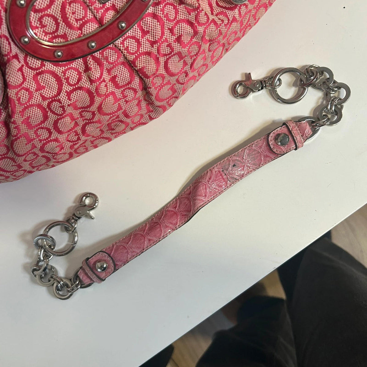 Guess Pink Shoulder Bag Snakeskin with Silver Chain Detail