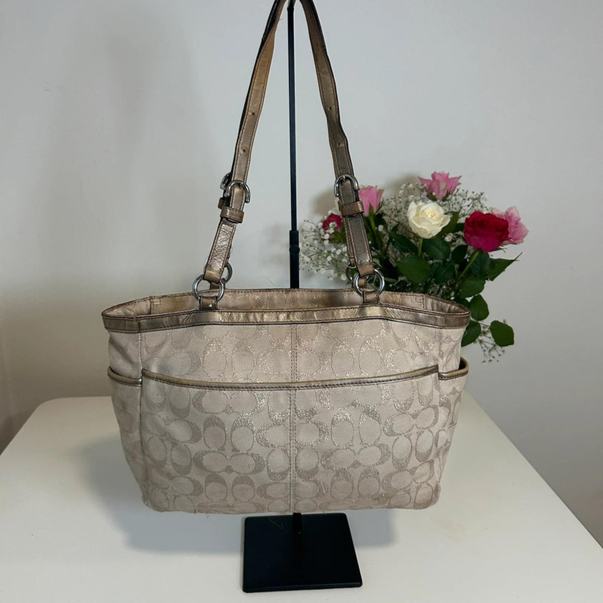 Coach Monogram Beige and Gold Shoulder Handbag Gold Hardware L1175-F17724