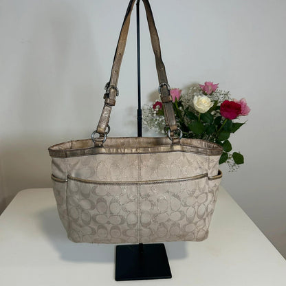 Coach Monogram Beige and Gold Shoulder Handbag Gold Hardware L1175-F17724