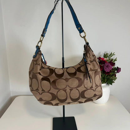 Coach Half Moon Hobo Beige Monogram Shoulder Bag With Blue Accent M1295-H19281