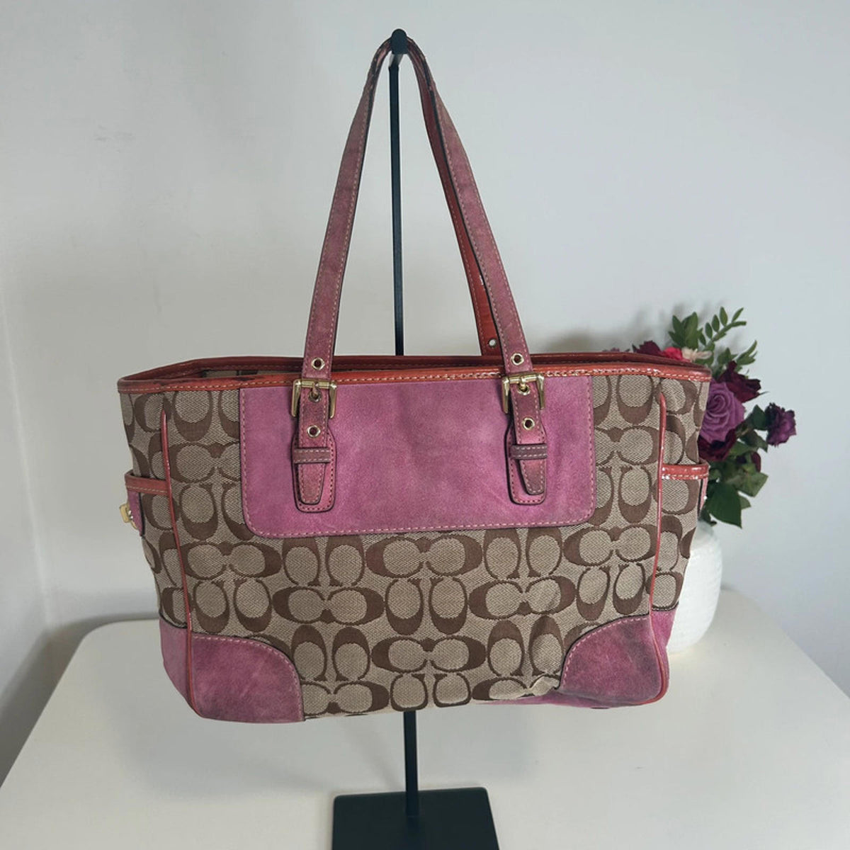 Coach Pink Suede and Monogram Tote Shoulder Bag K04Q-1443