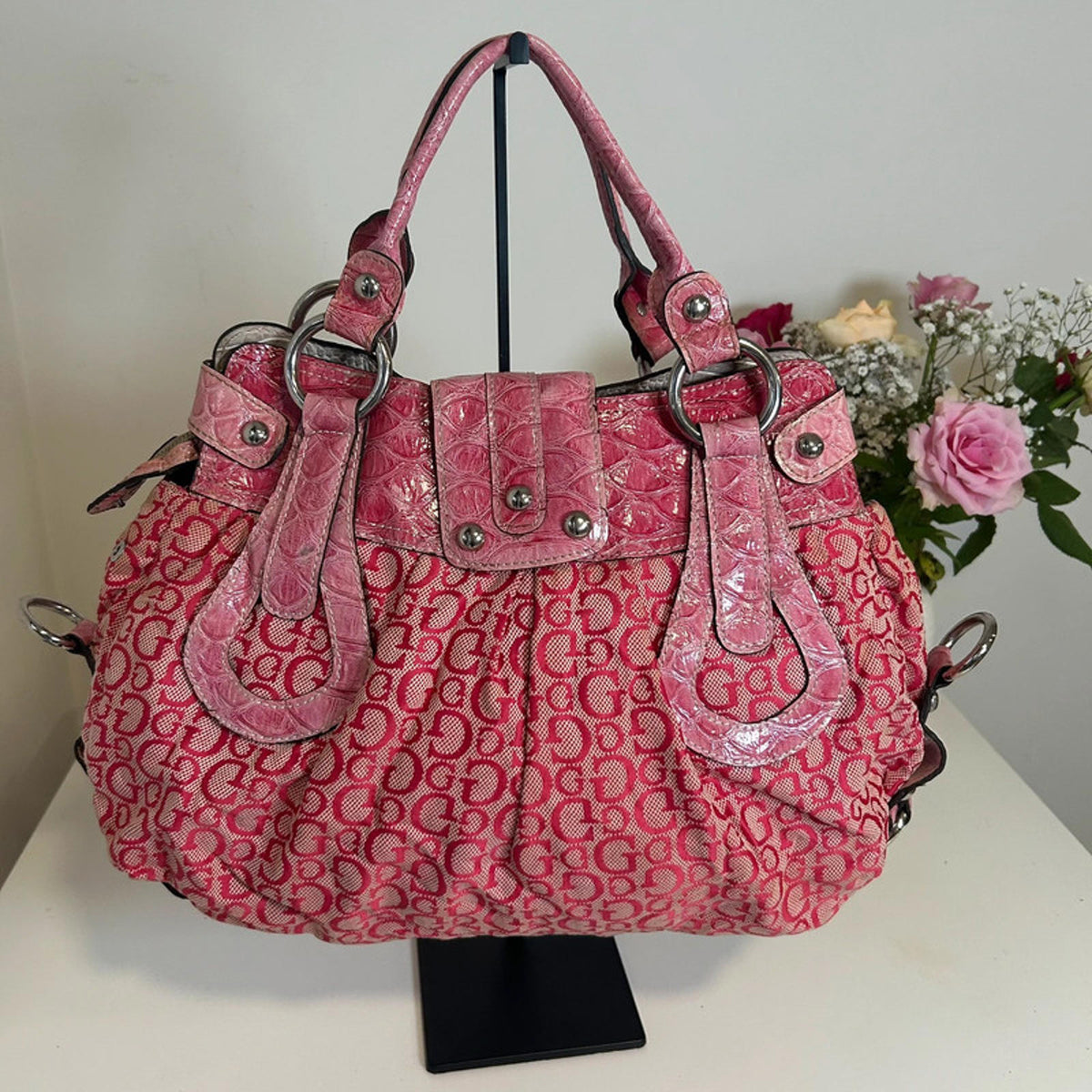 Guess Pink Shoulder Bag Snakeskin with Silver Chain Detail