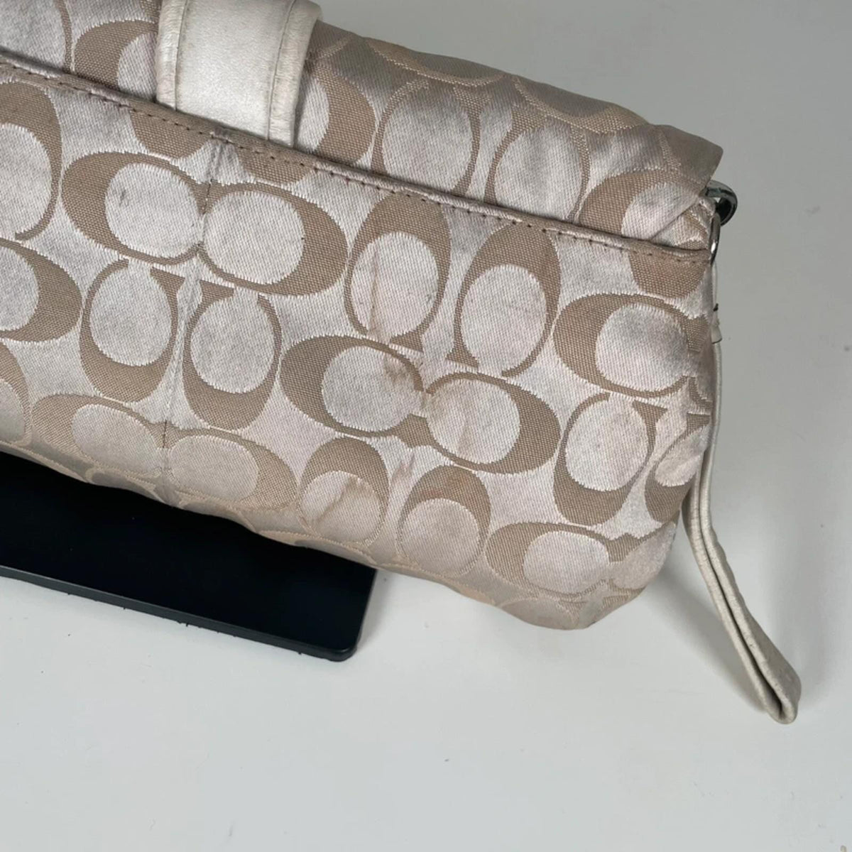 Coach Beige Monogram Wristlet Clutch Bag Y2K Mini Pouch