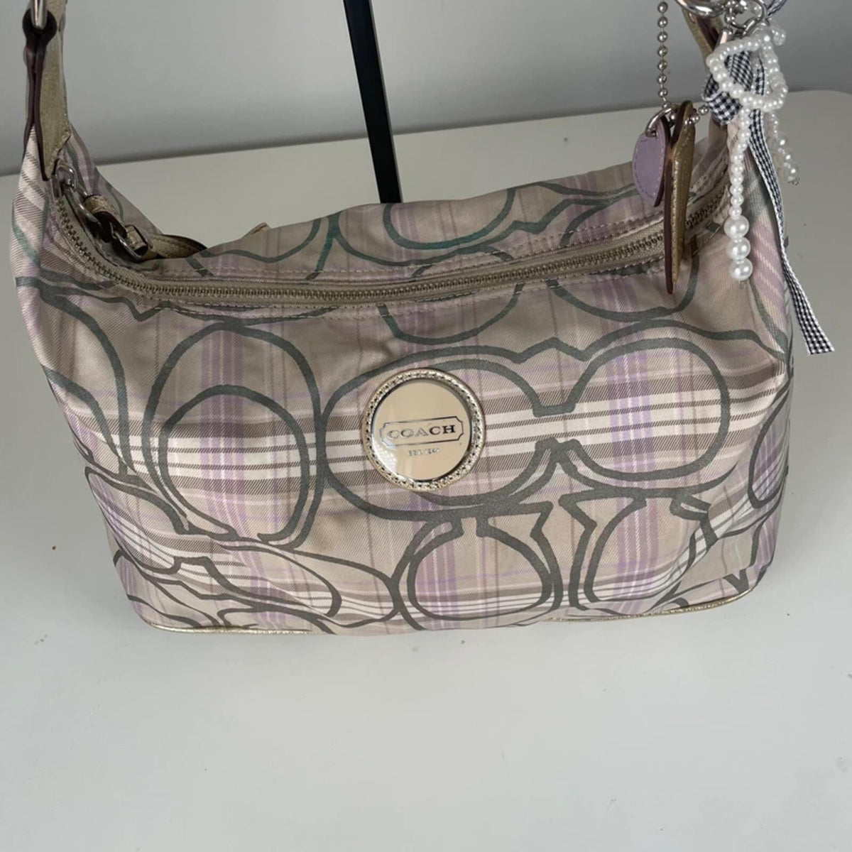 Coach Plaid Beige Purple Gold Hobo Shoulder Bag Heart Keychain K1161-F17209