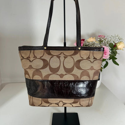 Coach Brown Monogram and Leather Stripe Handbag G0868-12429