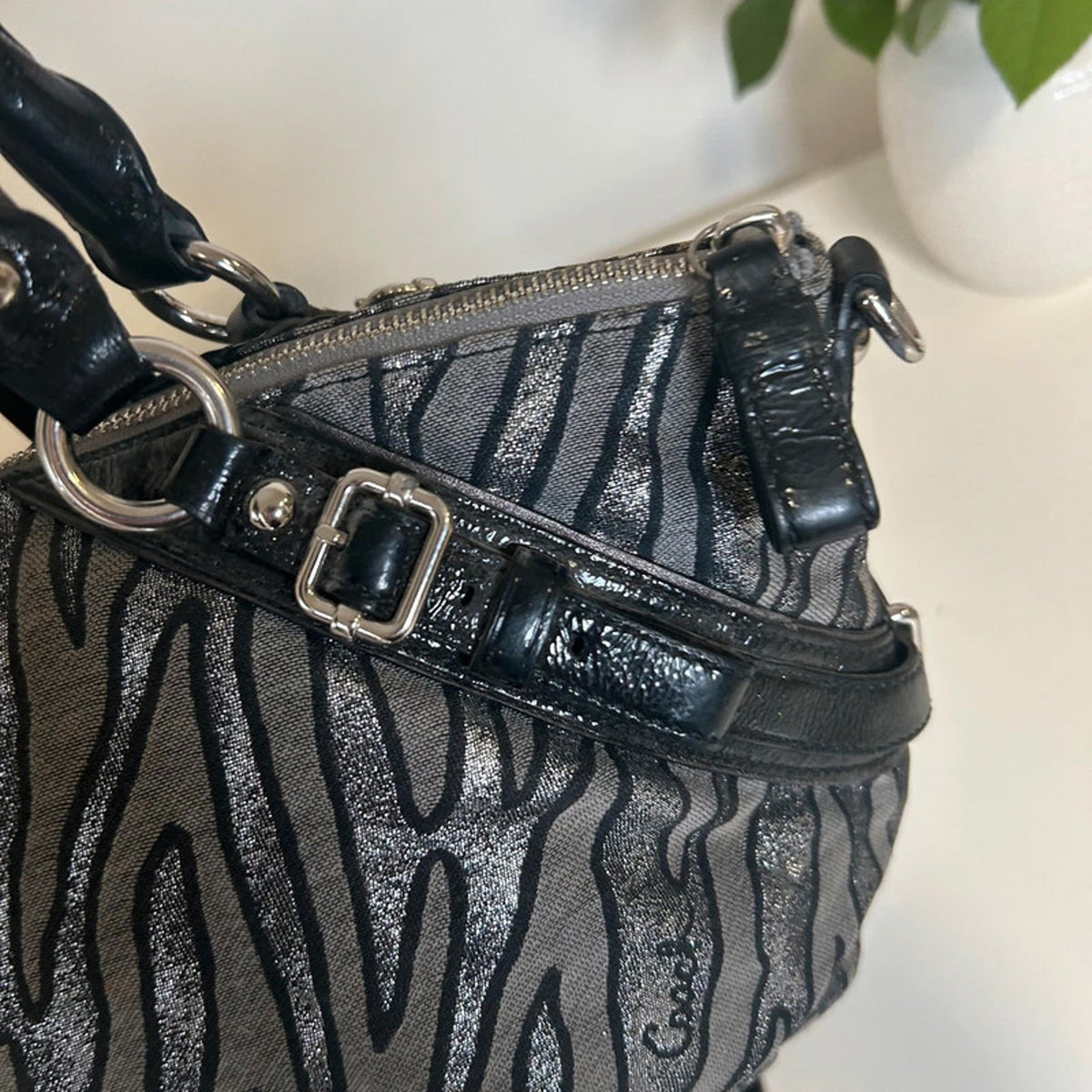 Rare Vintage Y2K Coach Sophia Gallery Bag Silver Zebra Print Lurex Jacquard G1082-16925