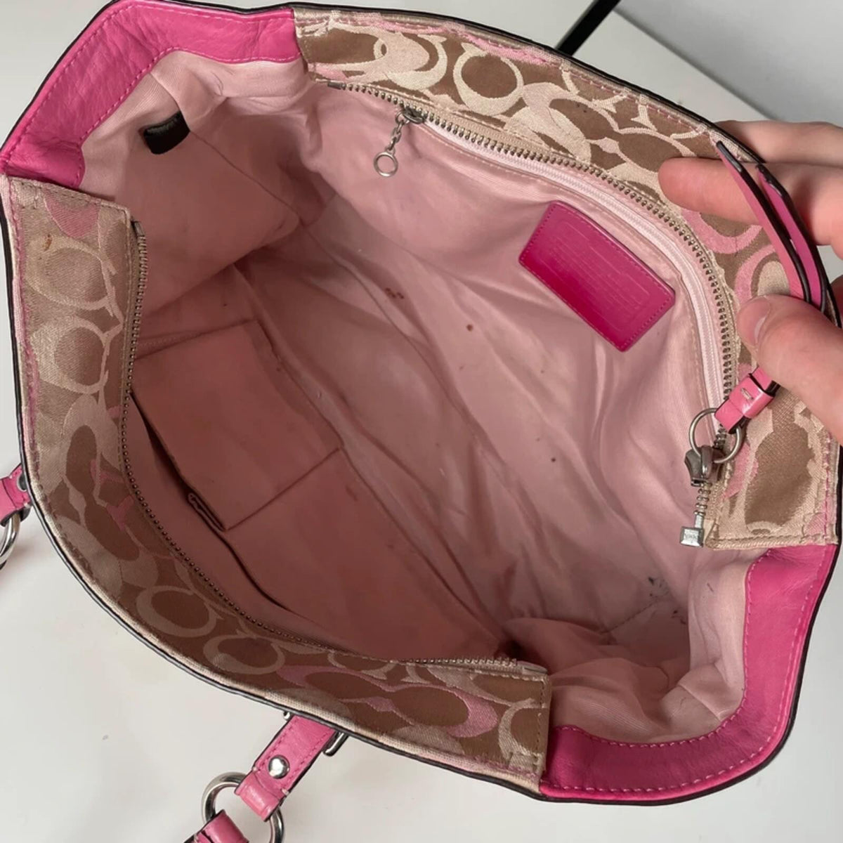 Coach Pink Beige Signature Optic Pleated East West Tote Bag A1159-F15669