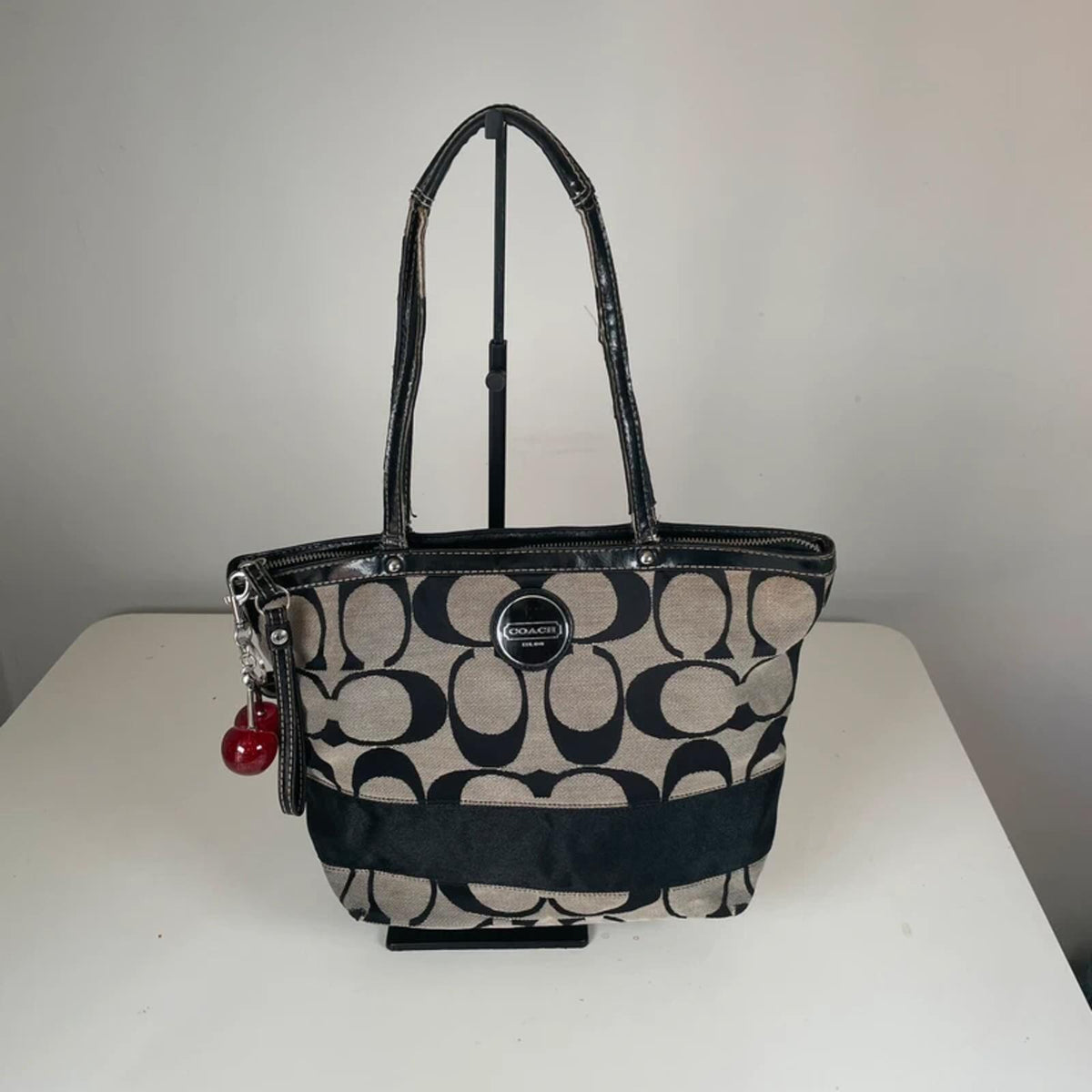 Coach Black Signature Stripe Canvas Shoulder Tote Bag B1261-F17433