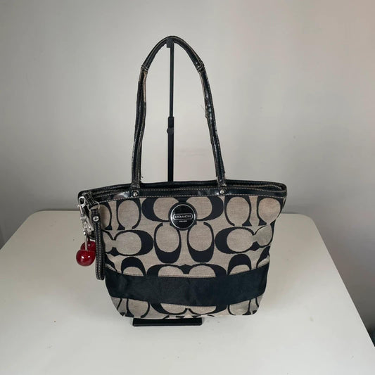 Coach Black Signature Stripe Canvas Shoulder Tote Bag B1261-F17433