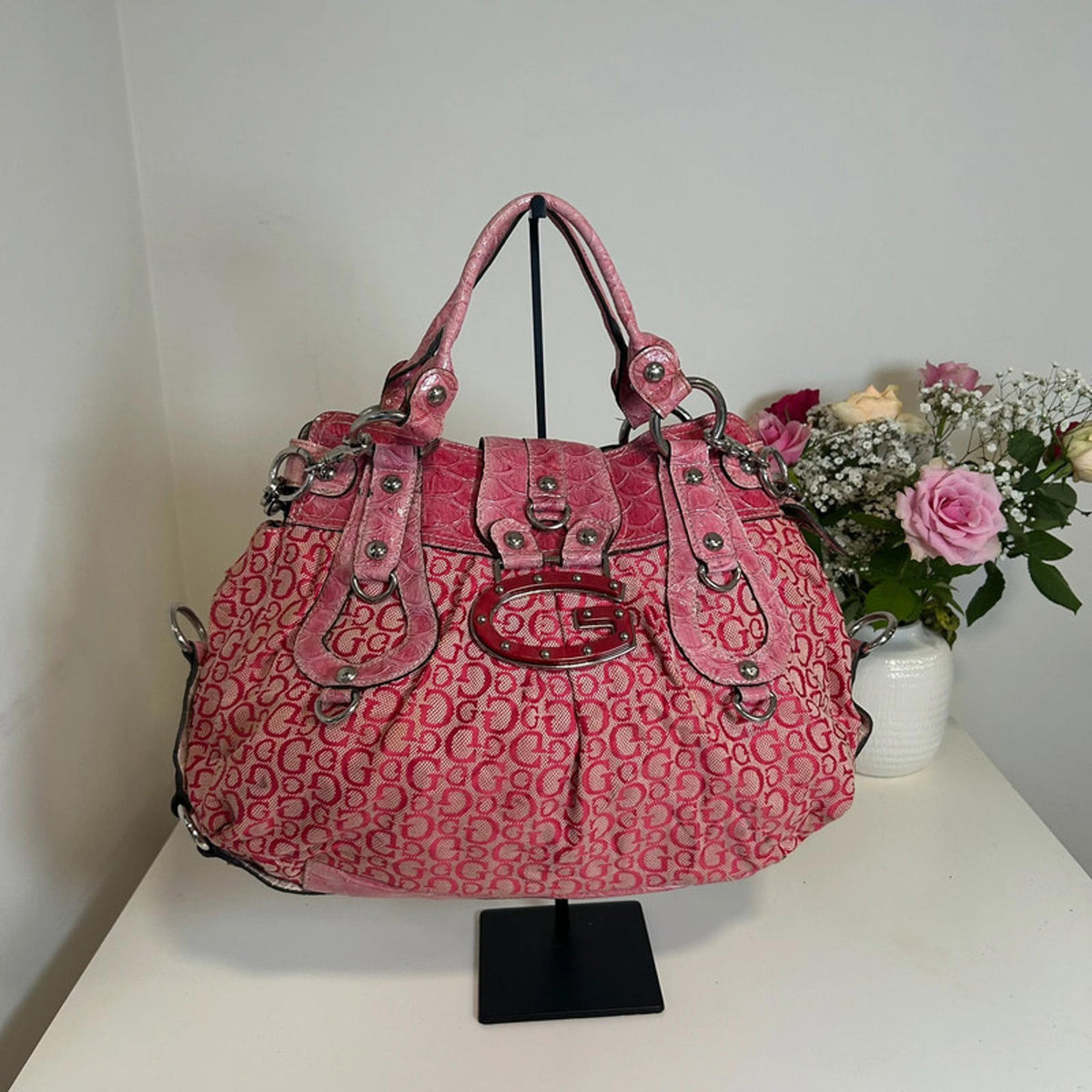Guess Pink Shoulder Bag Snakeskin with Silver Chain Detail