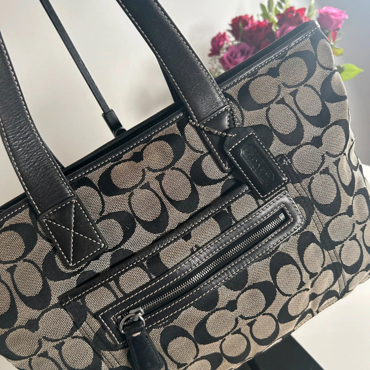 Coach Black Monogram and Leather Trim Shoulder Bag M1J-6082