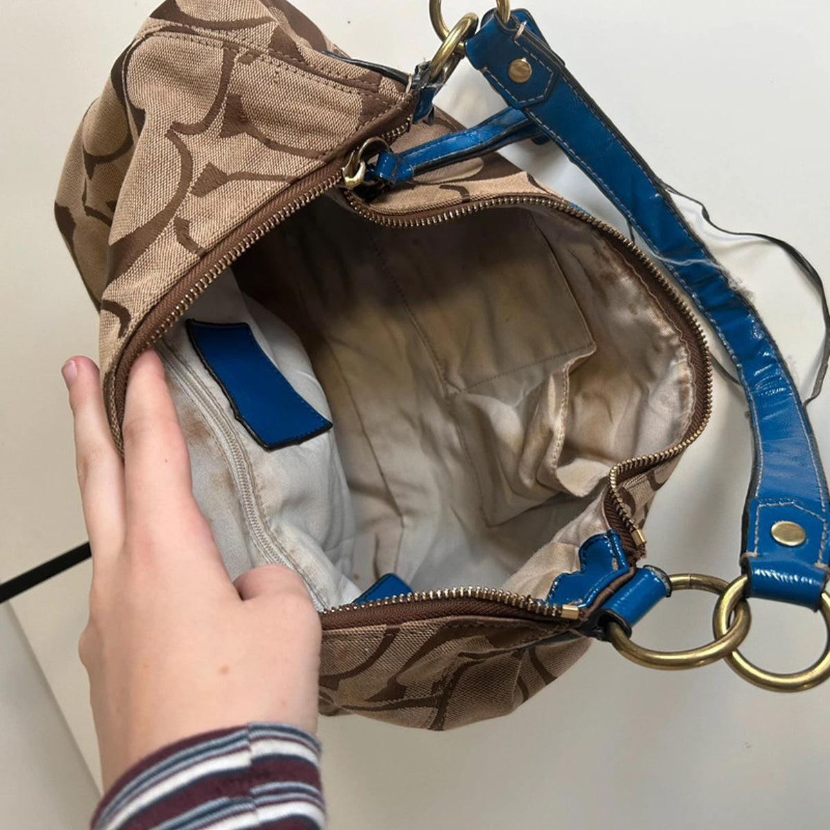 Coach Half Moon Hobo Beige Monogram Shoulder Bag With Blue Accent M1295-H19281