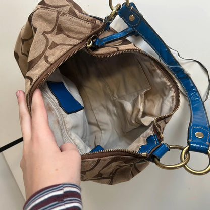 Coach Half Moon Hobo Beige Monogram Shoulder Bag With Blue Accent M1295-H19281