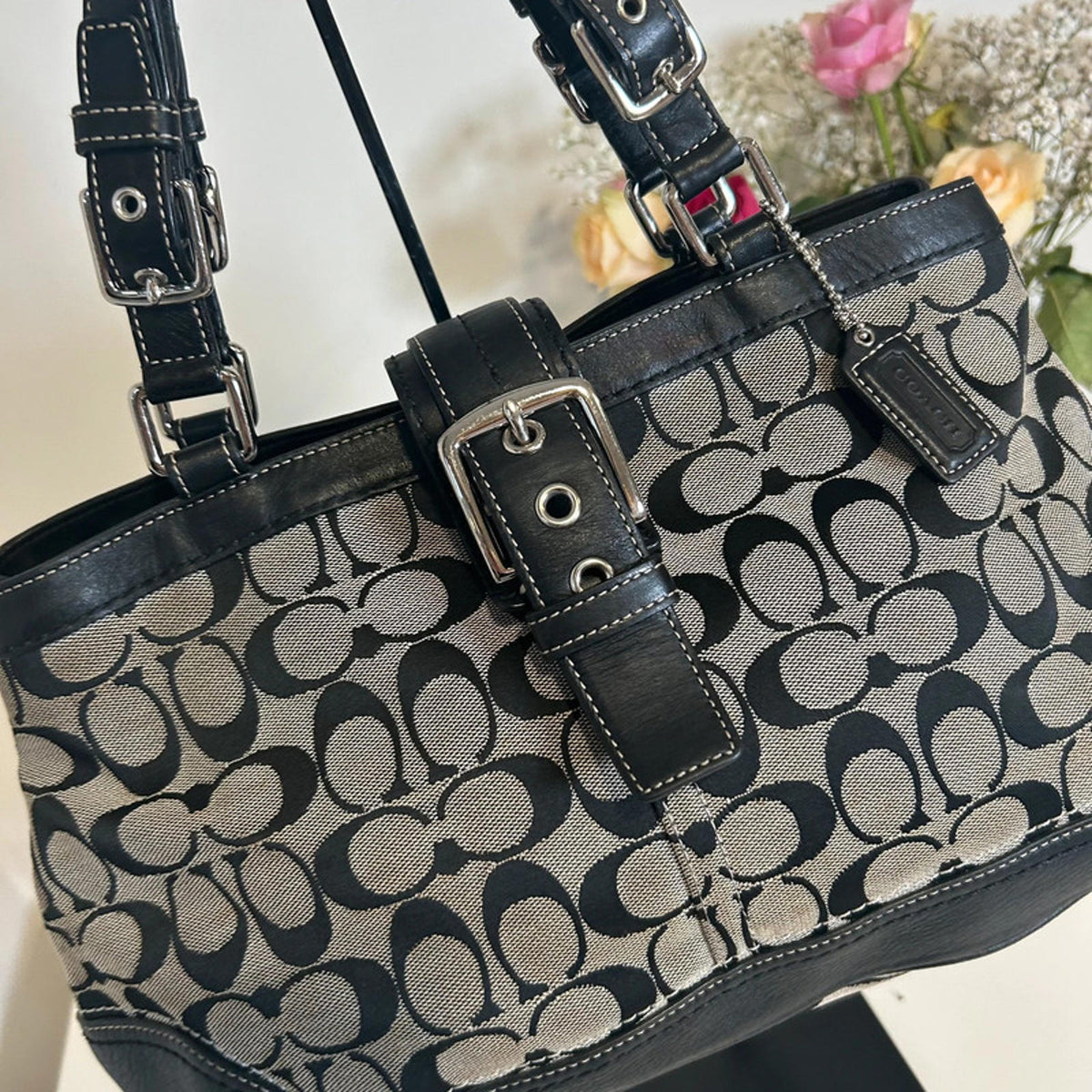 Coach Black Signature Leather and Canvas Hampton Tote G0851-F12642