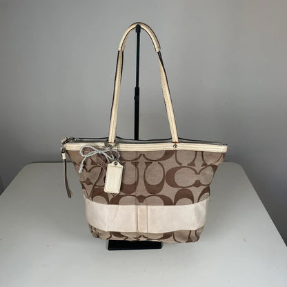 Coach Beige Signature Canvas Shoulder Tote Bag White Stripe A1068-F13548