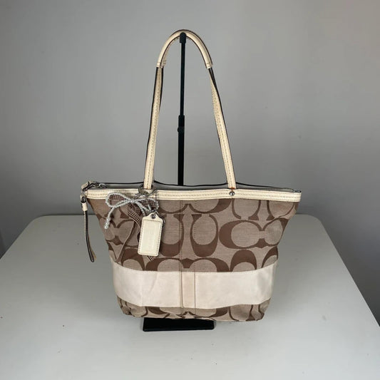 Coach Beige Signature Canvas Shoulder Tote Bag White Stripe A1068-F13548
