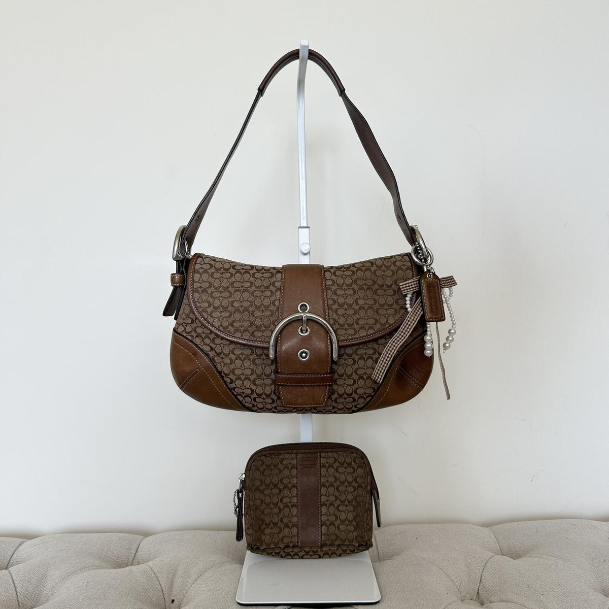 Coach Soho Brown Tan Signature Monogram Leather Shoulder Bag with Purse M04W-6818