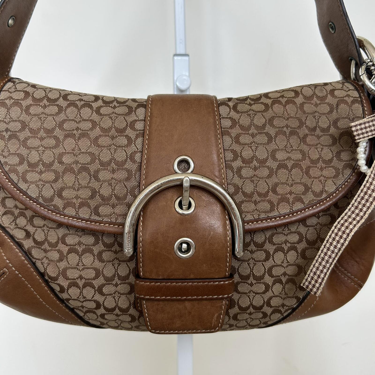 Coach Soho Brown Tan Signature Monogram Leather Shoulder Bag with Purse M04W-6818