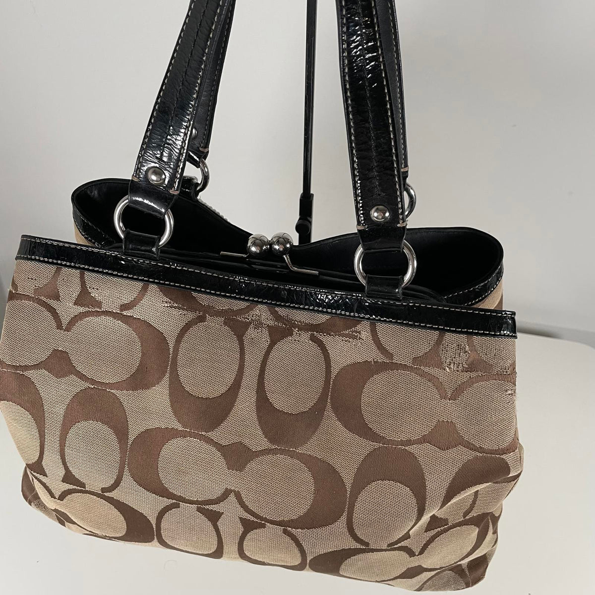 Coach Laura Signature Carryall Tote Satchel Bag Monogram Brown C1082-F14940