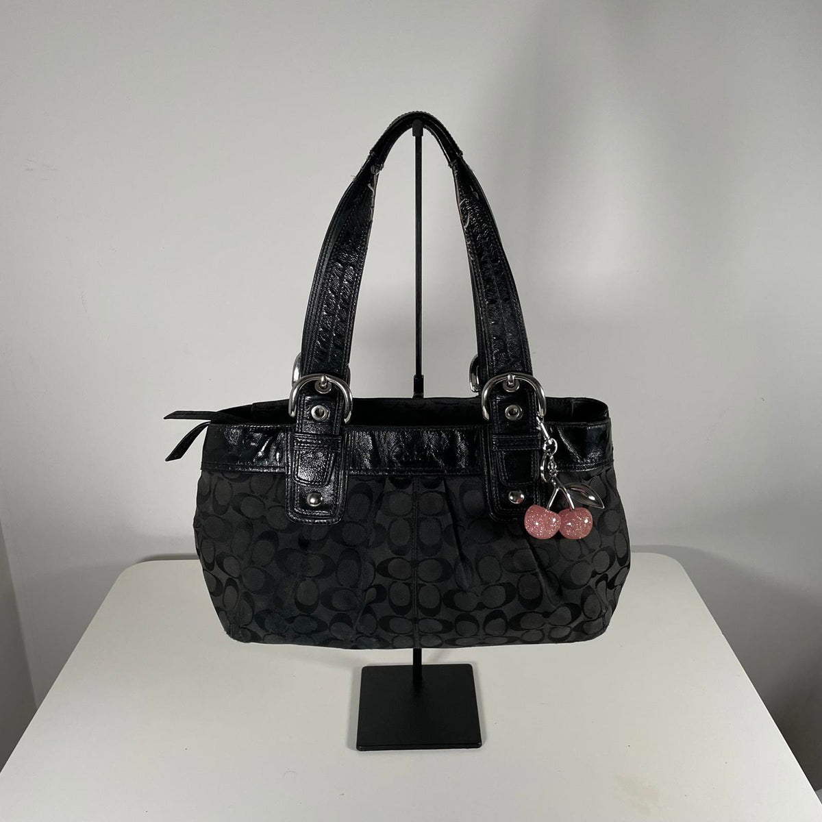 Vintage Coach Black Signature Monogram Y2K Pleated Canvas Shoulder Bag K0951-F13742