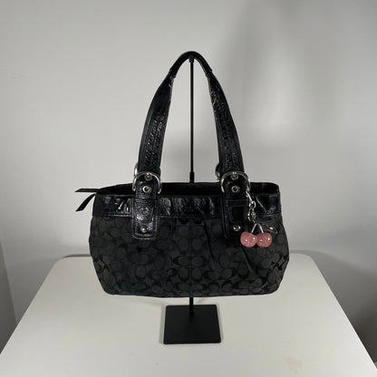 Vintage Coach Black Signature Monogram Y2K Pleated Canvas Shoulder Bag K0951-F13742