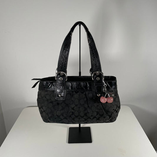 Vintage Coach Black Signature Monogram Y2K Pleated Canvas Shoulder Bag K0951-F13742
