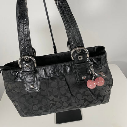 Vintage Coach Black Signature Monogram Y2K Pleated Canvas Shoulder Bag K0951-F13742