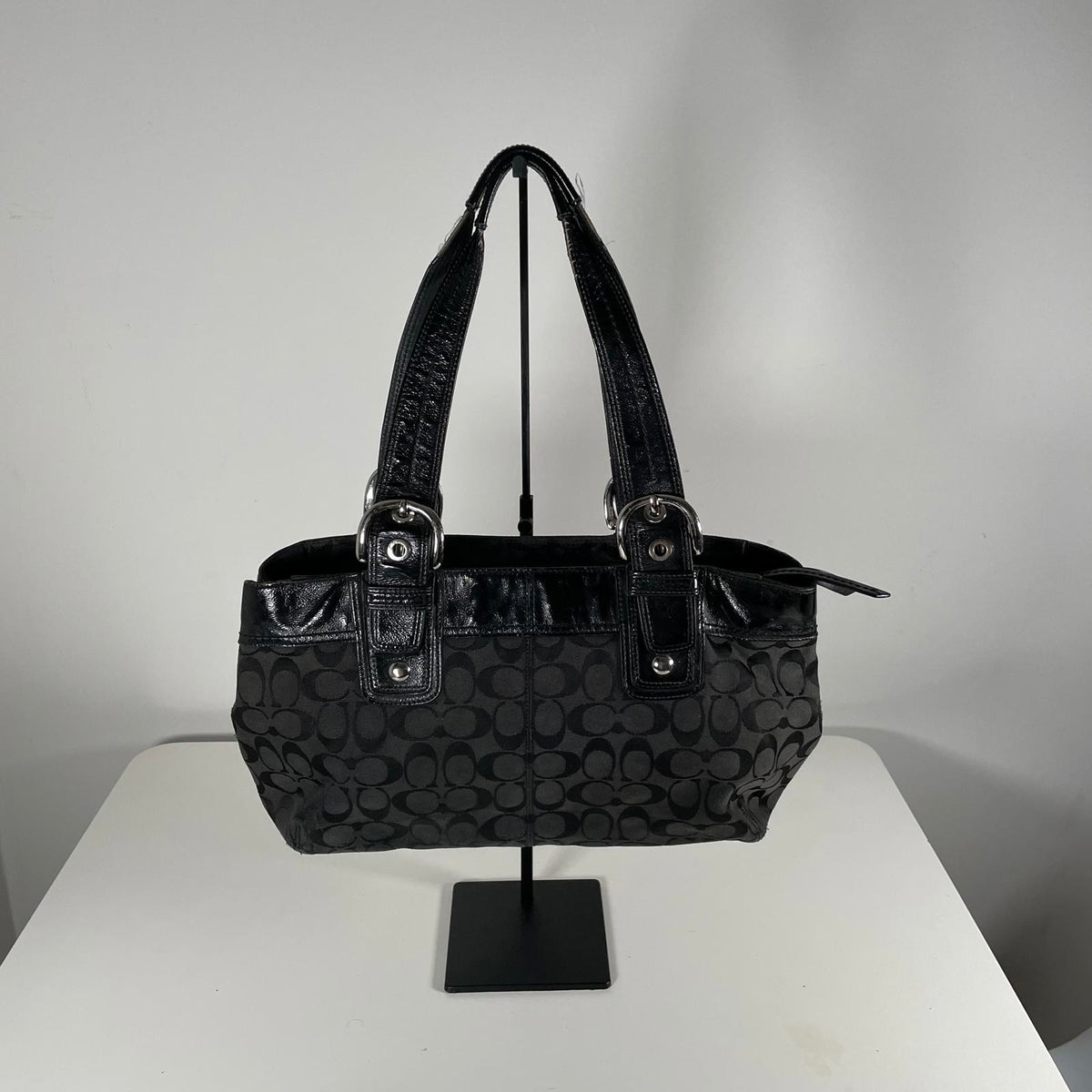 Vintage Coach Black Signature Monogram Y2K Pleated Canvas Shoulder Bag K0951-F13742