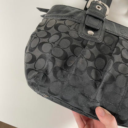 Vintage Coach Black Signature Monogram Y2K Pleated Canvas Shoulder Bag K0951-F13742