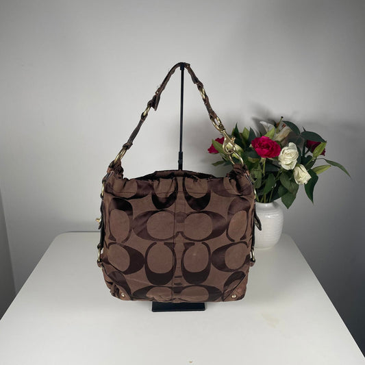 Coach Dark Chocolate Canvas Hobo Shoulder Bag Gold Hardware K0773-10620