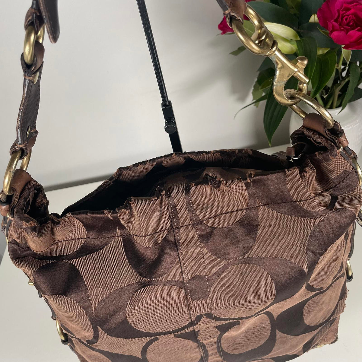 Coach Dark Chocolate Canvas Hobo Shoulder Bag Gold Hardware K0773-10620