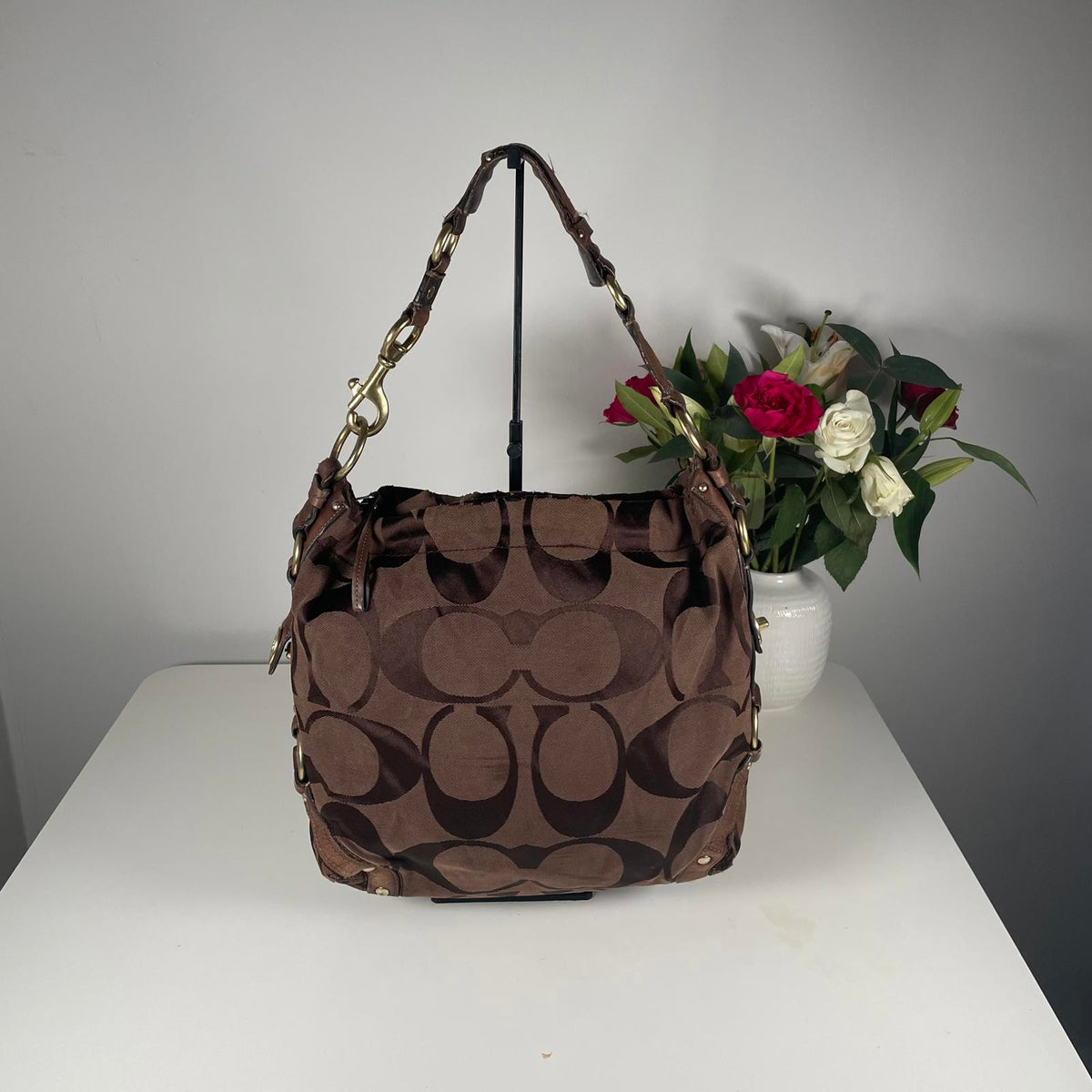 Coach Dark Chocolate Canvas Hobo Shoulder Bag Gold Hardware K0773-10620