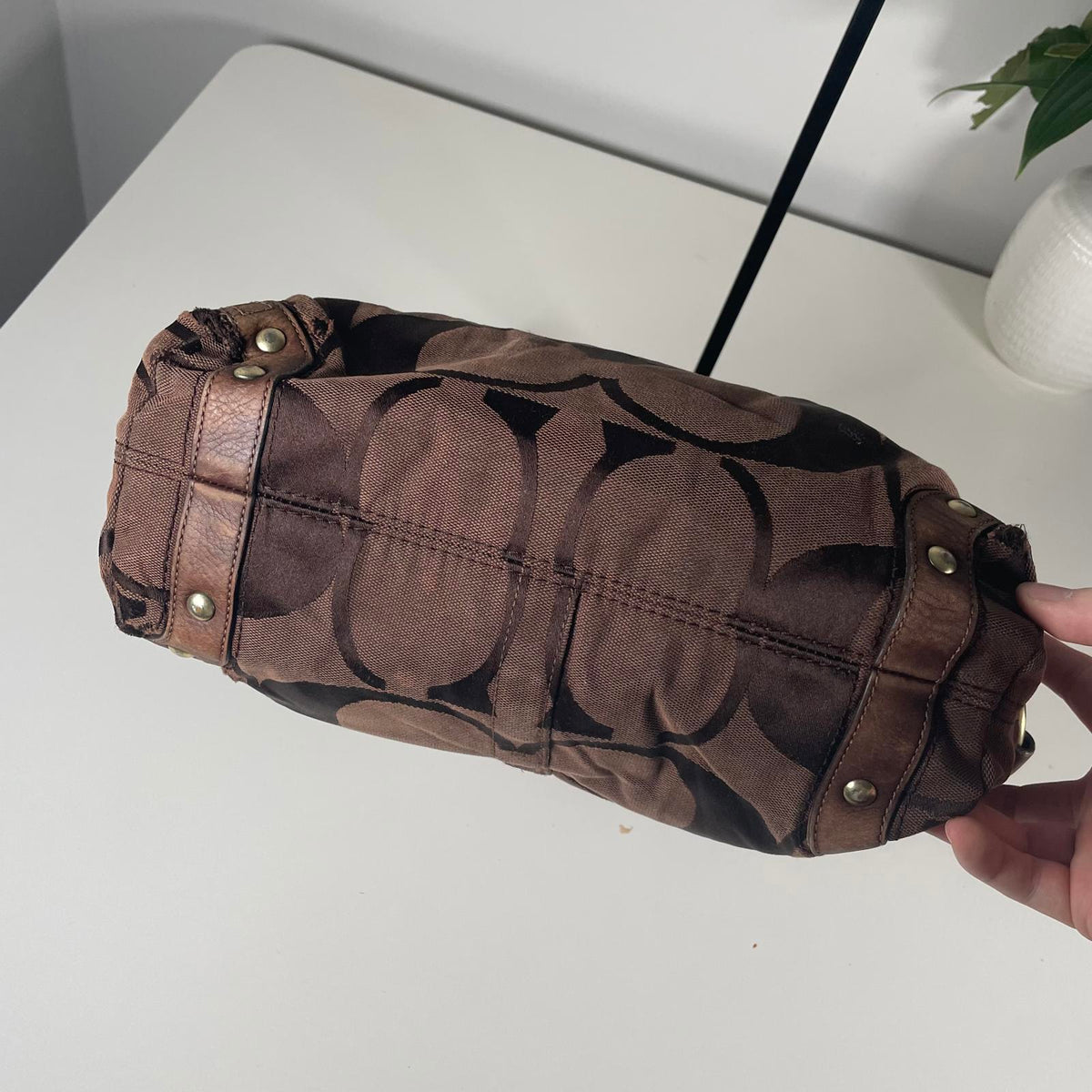 Coach Dark Chocolate Canvas Hobo Shoulder Bag Gold Hardware K0773-10620