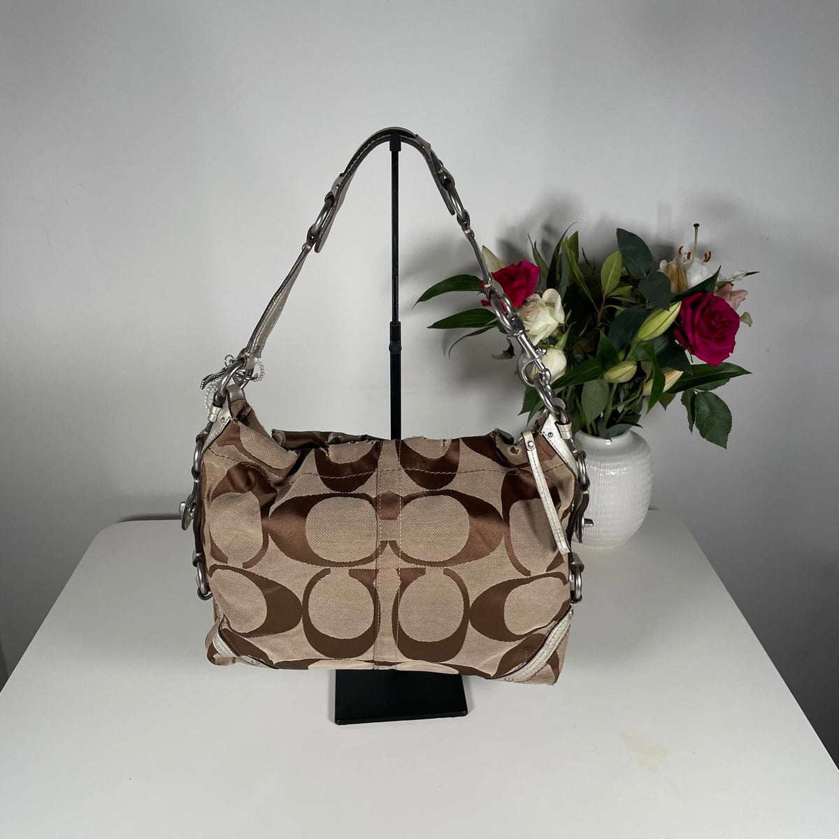Coach Beige Signature Carly Hobo Shoulder Bag with Turnlock D0849-11648