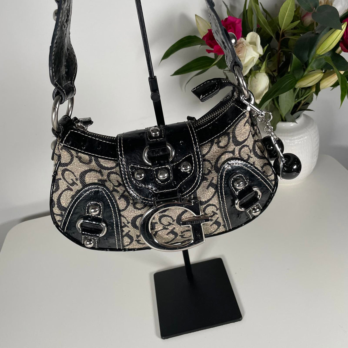 Guess Monogram Black Shoulder Bag Silver Hard Wear