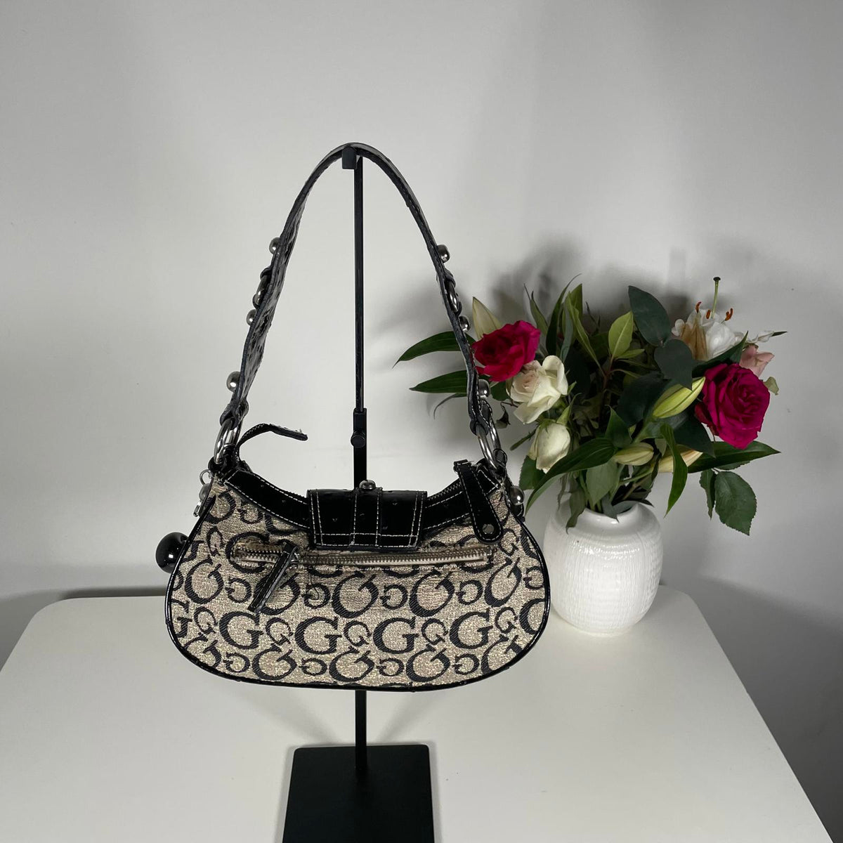 Guess Monogram Black Shoulder Bag Silver Hard Wear