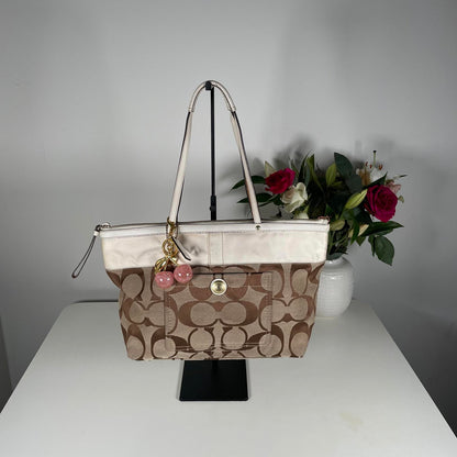 Coach Tan and White Signature Stripe Monogram Tote Handbag A0867-11691