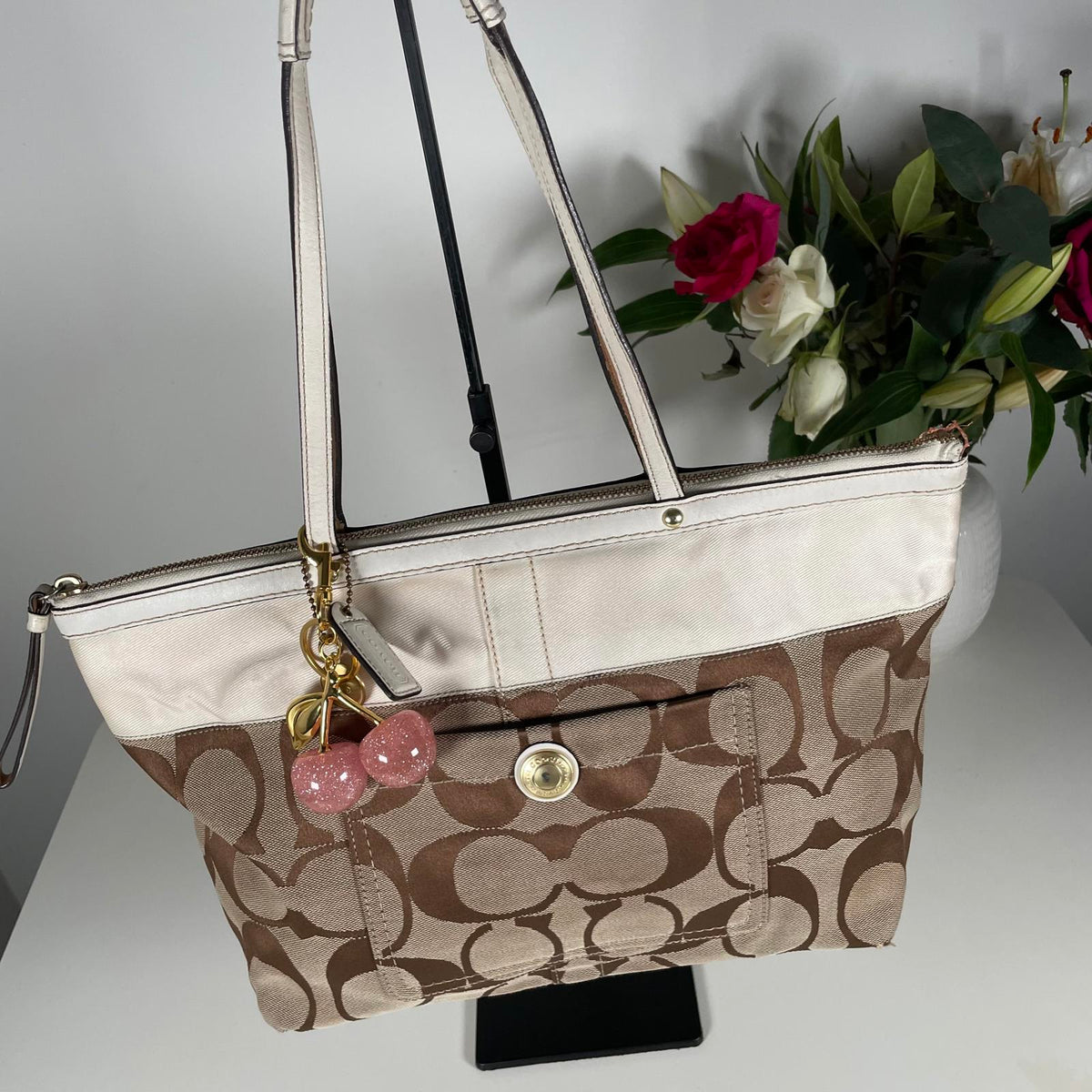 Coach Tan and White Signature Stripe Monogram Tote Handbag A0867-11691