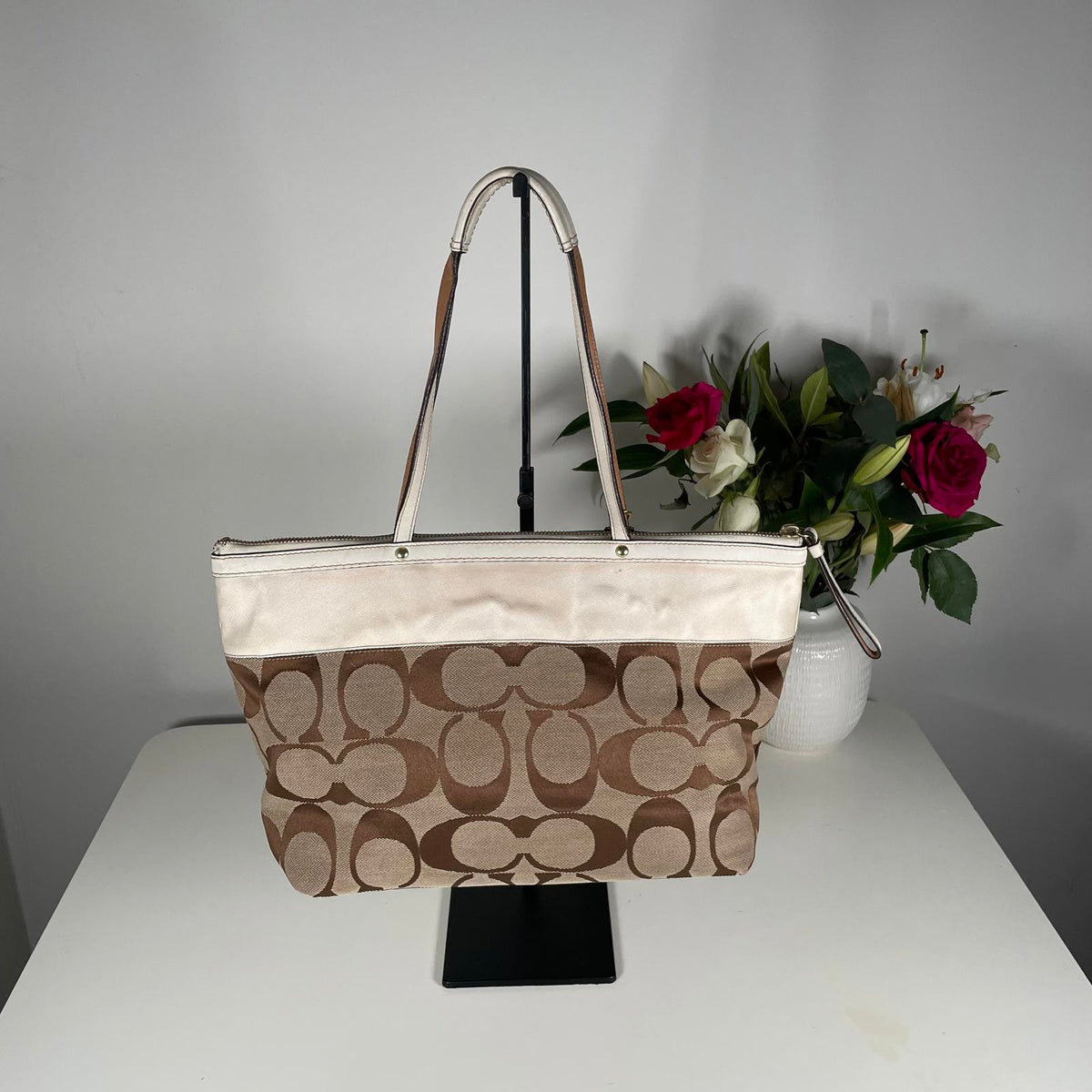 Coach Tan and White Signature Stripe Monogram Tote Handbag A0867-11691