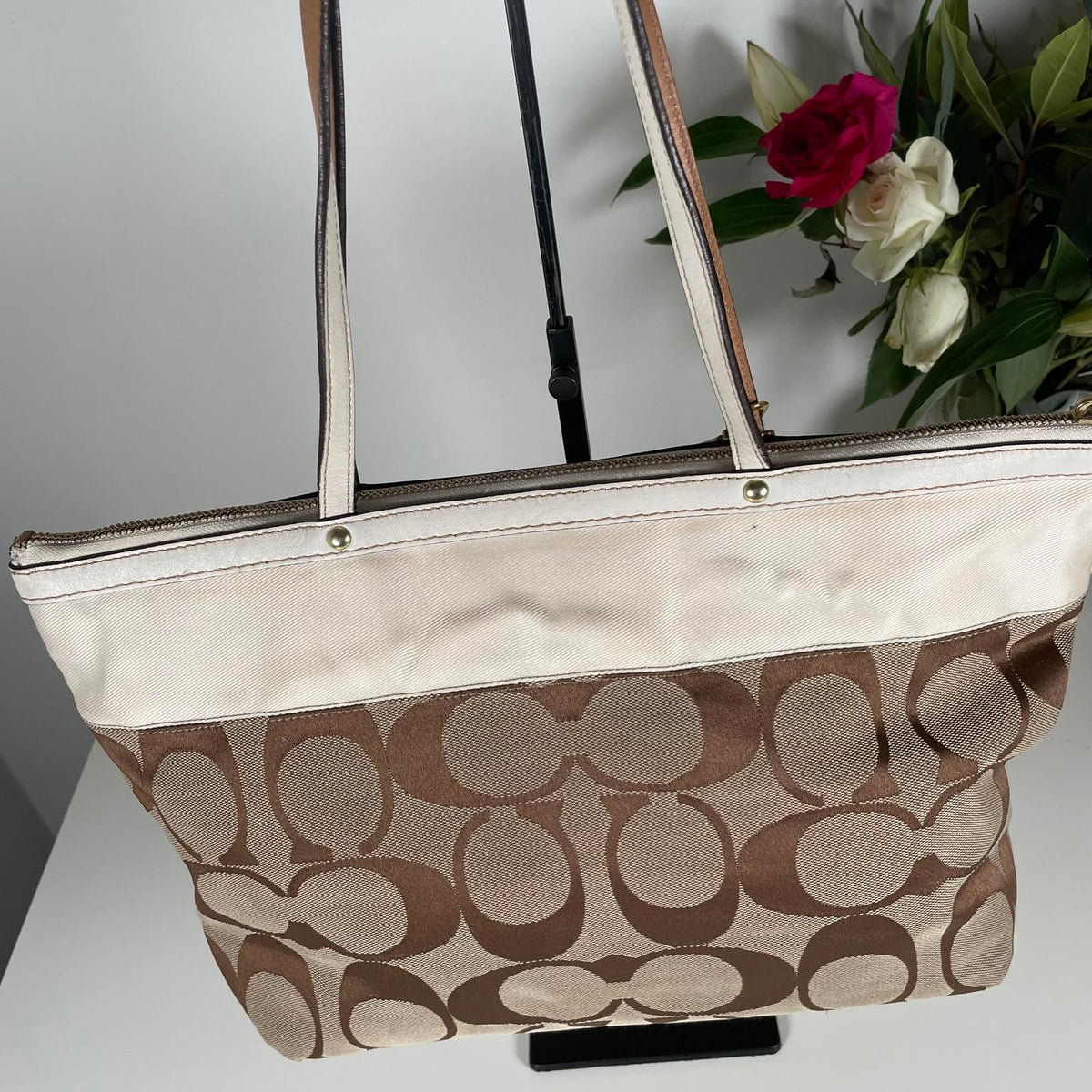 Coach Tan and White Signature Stripe Monogram Tote Handbag A0867-11691