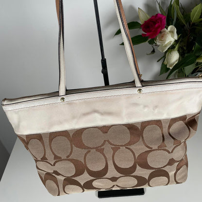Coach Tan and White Signature Stripe Monogram Tote Handbag A0867-11691
