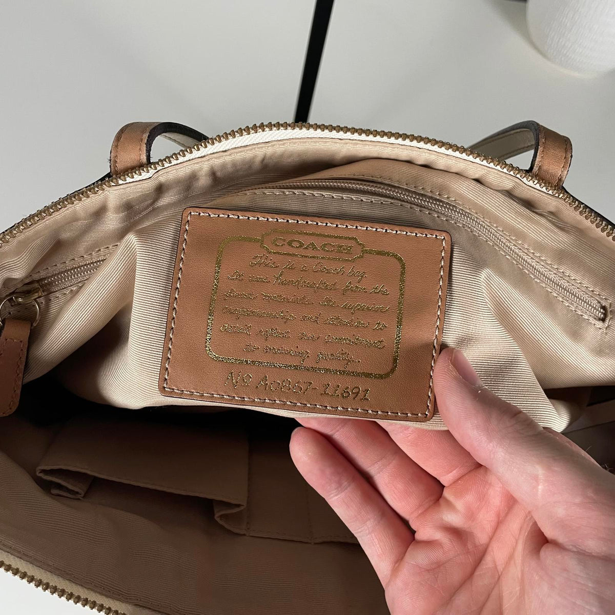 Coach Tan and White Signature Stripe Monogram Tote Handbag A0867-11691